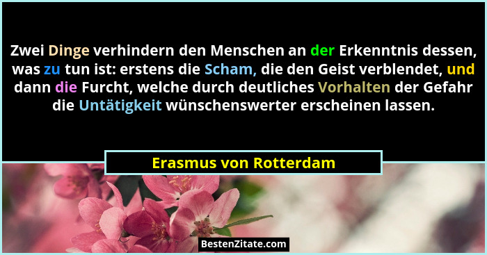Zwei Dinge verhindern den Menschen an der Erkenntnis dessen, was zu tun ist: erstens die Scham, die den Geist verblendet, und... - Erasmus von Rotterdam