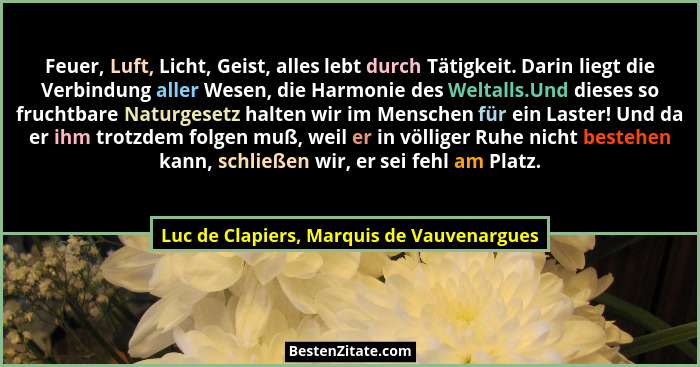 Feuer, Luft, Licht, Geist, alles lebt durch Tätigkeit. Darin liegt die Verbindung aller Wesen, die Harmonie... - Luc de Clapiers, Marquis de Vauvenargues