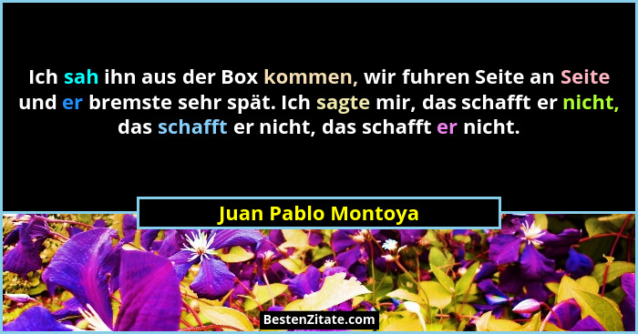 Ich sah ihn aus der Box kommen, wir fuhren Seite an Seite und er bremste sehr spät. Ich sagte mir, das schafft er nicht, das scha... - Juan Pablo Montoya