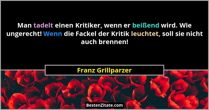 Man tadelt einen Kritiker, wenn er beißend wird. Wie ungerecht! Wenn die Fackel der Kritik leuchtet, soll sie nicht auch brennen!... - Franz Grillparzer