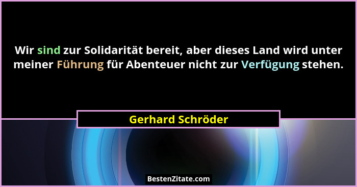 Wir sind zur Solidarität bereit, aber dieses Land wird unter meiner Führung für Abenteuer nicht zur Verfügung stehen.... - Gerhard Schröder
