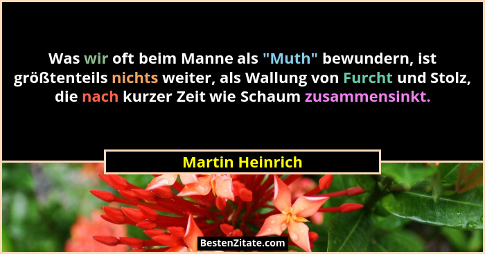Was wir oft beim Manne als "Muth" bewundern, ist größtenteils nichts weiter, als Wallung von Furcht und Stolz, die nach kurz... - Martin Heinrich