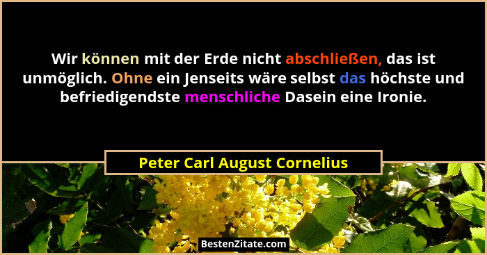 Wir können mit der Erde nicht abschließen, das ist unmöglich. Ohne ein Jenseits wäre selbst das höchste und befriedigend... - Peter Carl August Cornelius