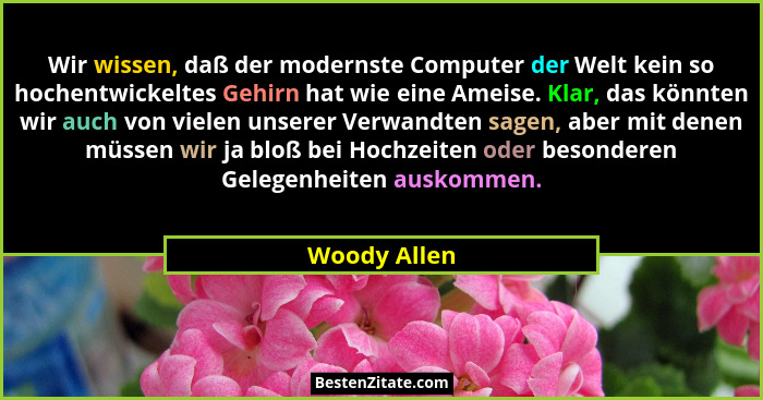 Wir wissen, daß der modernste Computer der Welt kein so hochentwickeltes Gehirn hat wie eine Ameise. Klar, das könnten wir auch von viel... - Woody Allen