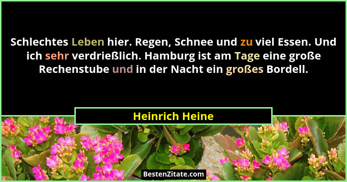 Schlechtes Leben hier. Regen, Schnee und zu viel Essen. Und ich sehr verdrießlich. Hamburg ist am Tage eine große Rechenstube und in... - Heinrich Heine