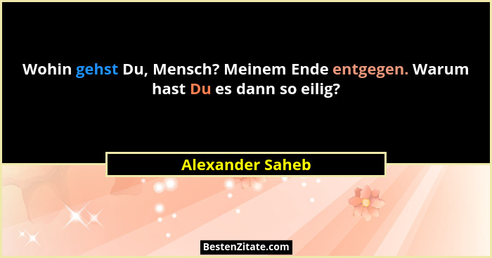 Wohin gehst Du, Mensch? Meinem Ende entgegen. Warum hast Du es dann so eilig?... - Alexander Saheb