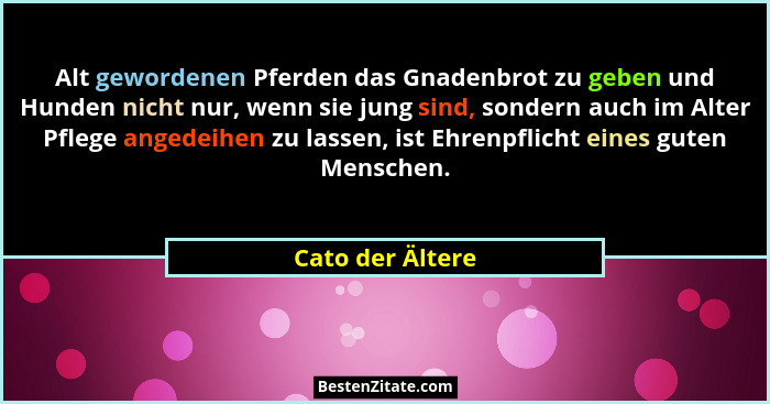 Alt gewordenen Pferden das Gnadenbrot zu geben und Hunden nicht nur, wenn sie jung sind, sondern auch im Alter Pflege angedeihen zu... - Cato der Ältere