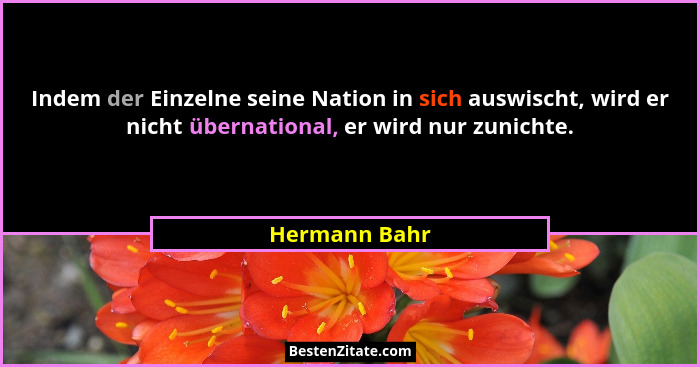 Indem der Einzelne seine Nation in sich auswischt, wird er nicht übernational, er wird nur zunichte.... - Hermann Bahr