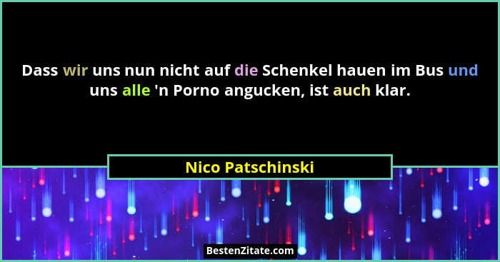 Dass wir uns nun nicht auf die Schenkel hauen im Bus und uns alle 'n Porno angucken, ist auch klar.... - Nico Patschinski