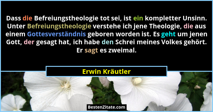 Dass die Befreiungstheologie tot sei, ist ein kompletter Unsinn. Unter Befreiungstheologie verstehe ich jene Theologie, die aus einem... - Erwin Kräutler