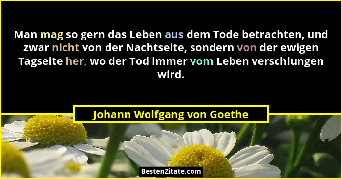 Man mag so gern das Leben aus dem Tode betrachten, und zwar nicht von der Nachtseite, sondern von der ewigen Tagseite her... - Johann Wolfgang von Goethe