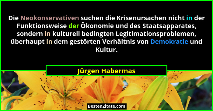 Die Neokonservativen suchen die Krisenursachen nicht in der Funktionsweise der Ökonomie und des Staatsapparates, sondern in kulturel... - Jürgen Habermas