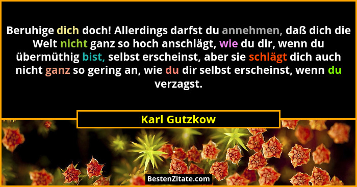 Beruhige dich doch! Allerdings darfst du annehmen, daß dich die Welt nicht ganz so hoch anschlägt, wie du dir, wenn du übermüthig bist,... - Karl Gutzkow