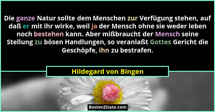 Die ganze Natur sollte dem Menschen zur Verfügung stehen, auf daß er mit ihr wirke, weil ja der Mensch ohne sie weder leben noc... - Hildegard von Bingen