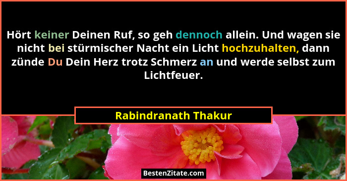 Hört keiner Deinen Ruf, so geh dennoch allein. Und wagen sie nicht bei stürmischer Nacht ein Licht hochzuhalten, dann zünde Du D... - Rabindranath Thakur