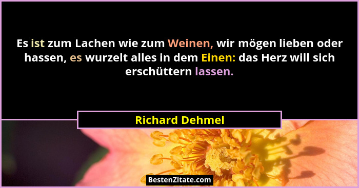Es ist zum Lachen wie zum Weinen, wir mögen lieben oder hassen, es wurzelt alles in dem Einen: das Herz will sich erschüttern lassen.... - Richard Dehmel