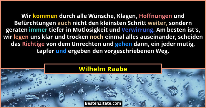 Wir kommen durch alle Wünsche, Klagen, Hoffnungen und Befürchtungen auch nicht den kleinsten Schritt weiter, sondern geraten immer tie... - Wilhelm Raabe