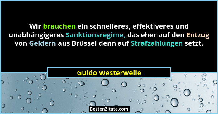 Wir brauchen ein schnelleres, effektiveres und unabhängigeres Sanktionsregime, das eher auf den Entzug von Geldern aus Brüssel den... - Guido Westerwelle