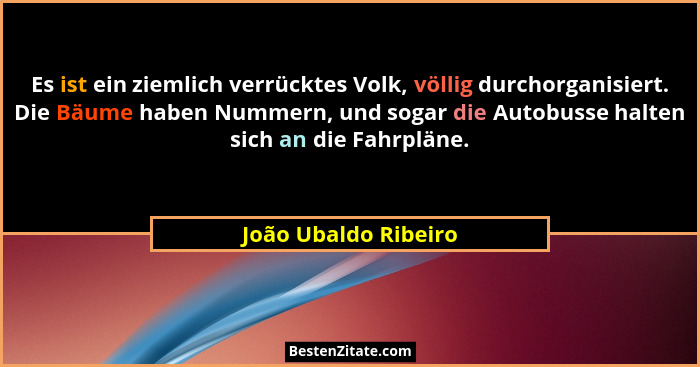 Es ist ein ziemlich verrücktes Volk, völlig durchorganisiert. Die Bäume haben Nummern, und sogar die Autobusse halten sich an di... - João Ubaldo Ribeiro