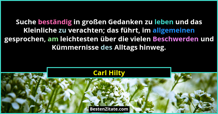 Suche beständig in großen Gedanken zu leben und das Kleinliche zu verachten; das führt, im allgemeinen gesprochen, am leichtesten über di... - Carl Hilty