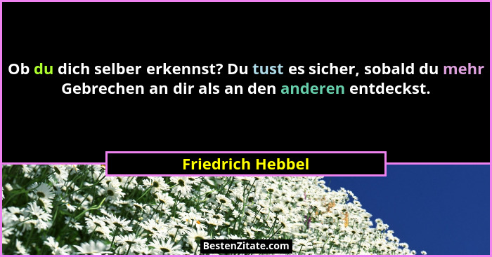 Ob du dich selber erkennst? Du tust es sicher, sobald du mehr Gebrechen an dir als an den anderen entdeckst.... - Friedrich Hebbel