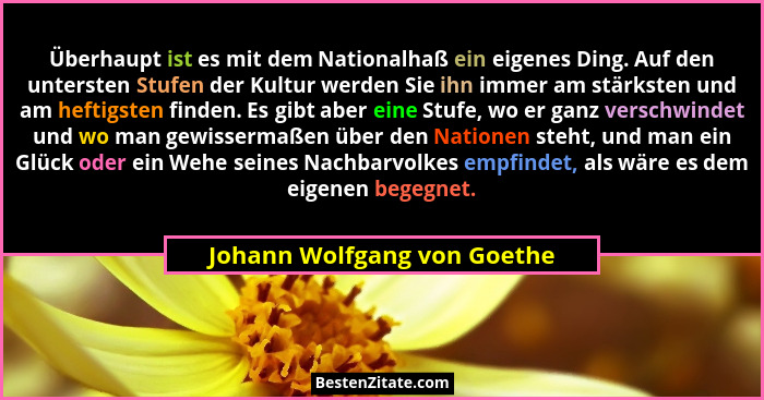 Überhaupt ist es mit dem Nationalhaß ein eigenes Ding. Auf den untersten Stufen der Kultur werden Sie ihn immer am stärks... - Johann Wolfgang von Goethe