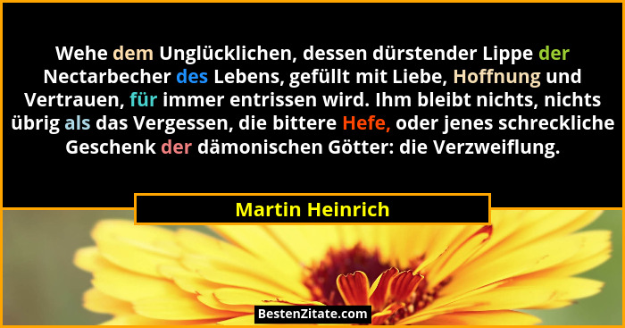 Wehe dem Unglücklichen, dessen dürstender Lippe der Nectarbecher des Lebens, gefüllt mit Liebe, Hoffnung und Vertrauen, für immer en... - Martin Heinrich