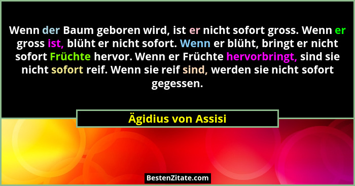 Wenn der Baum geboren wird, ist er nicht sofort gross. Wenn er gross ist, blüht er nicht sofort. Wenn er blüht, bringt er nicht s... - Ägidius von Assisi