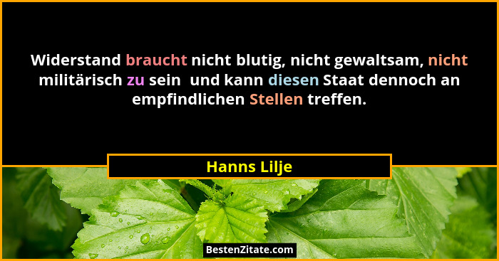 Widerstand braucht nicht blutig, nicht gewaltsam, nicht militärisch zu sein  und kann diesen Staat dennoch an empfindlichen Stellen tref... - Hanns Lilje