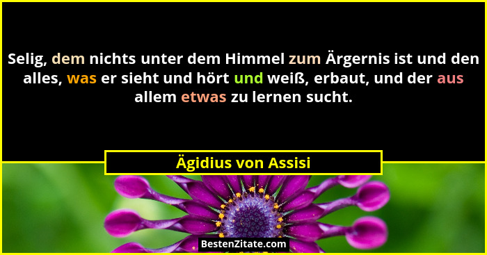 Selig, dem nichts unter dem Himmel zum Ärgernis ist und den alles, was er sieht und hört und weiß, erbaut, und der aus allem etwa... - Ägidius von Assisi