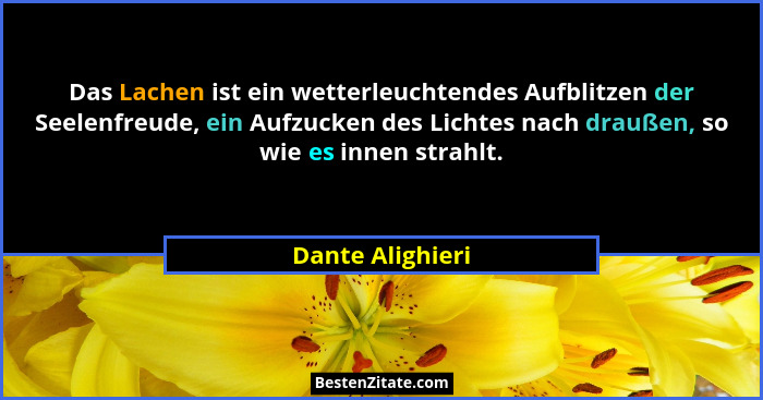 Das Lachen ist ein wetterleuchtendes Aufblitzen der Seelenfreude, ein Aufzucken des Lichtes nach draußen, so wie es innen strahlt.... - Dante Alighieri