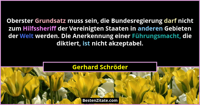 Oberster Grundsatz muss sein, die Bundesregierung darf nicht zum Hilfssheriff der Vereinigten Staaten in anderen Gebieten der Welt... - Gerhard Schröder