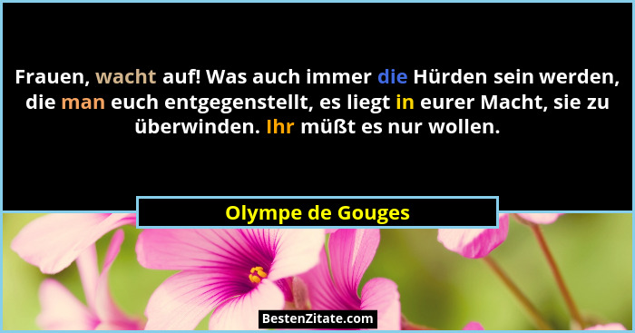 Frauen, wacht auf! Was auch immer die Hürden sein werden, die man euch entgegenstellt, es liegt in eurer Macht, sie zu überwinden.... - Olympe de Gouges