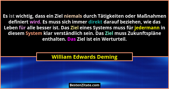 Es ist wichtig, dass ein Ziel niemals durch Tätigkeiten oder Maßnahmen definiert wird. Es muss sich immer direkt darauf bezie... - William Edwards Deming