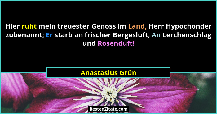 Hier ruht mein treuester Genoss im Land, Herr Hypochonder zubenannt; Er starb an frischer Bergesluft, An Lerchenschlag und Rosenduft... - Anastasius Grün