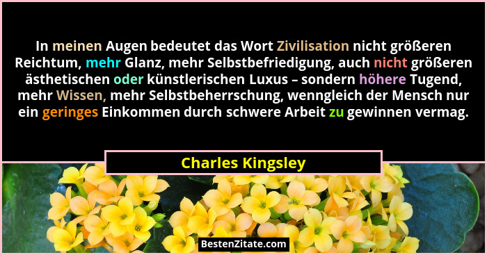 In meinen Augen bedeutet das Wort Zivilisation nicht größeren Reichtum, mehr Glanz, mehr Selbstbefriedigung, auch nicht größeren äs... - Charles Kingsley