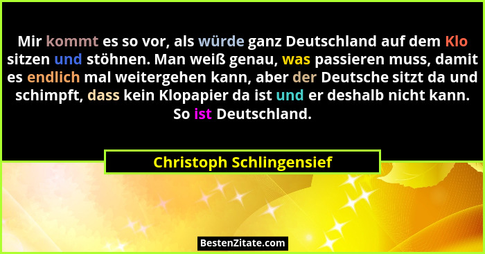 Mir kommt es so vor, als würde ganz Deutschland auf dem Klo sitzen und stöhnen. Man weiß genau, was passieren muss, damit es... - Christoph Schlingensief
