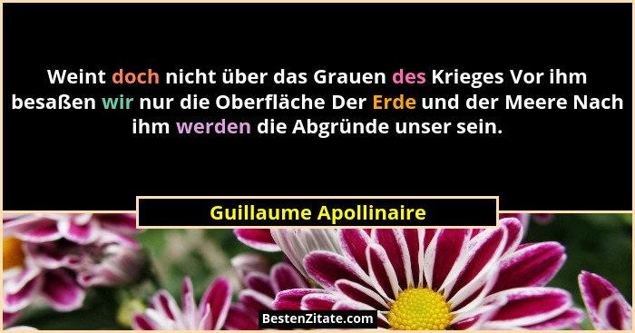 Weint doch nicht über das Grauen des Krieges Vor ihm besaßen wir nur die Oberfläche Der Erde und der Meere Nach ihm werden die... - Guillaume Apollinaire