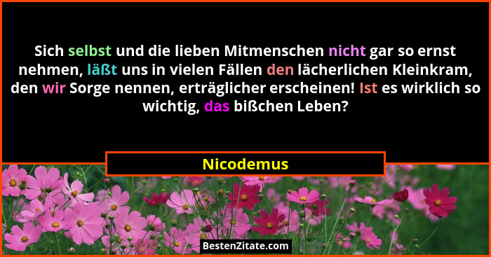 Sich selbst und die lieben Mitmenschen nicht gar so ernst nehmen, läßt uns in vielen Fällen den lächerlichen Kleinkram, den wir Sorge nenn... - Nicodemus