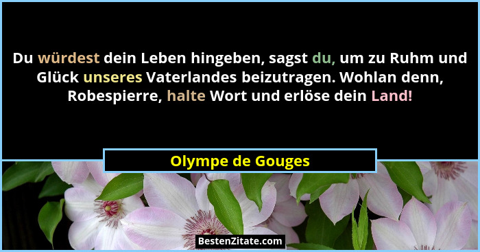 Du würdest dein Leben hingeben, sagst du, um zu Ruhm und Glück unseres Vaterlandes beizutragen. Wohlan denn, Robespierre, halte Wor... - Olympe de Gouges