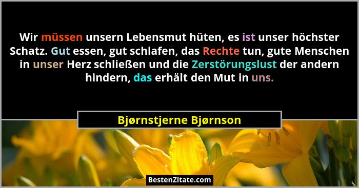 Wir müssen unsern Lebensmut hüten, es ist unser höchster Schatz. Gut essen, gut schlafen, das Rechte tun, gute Menschen in uns... - Bjørnstjerne Bjørnson