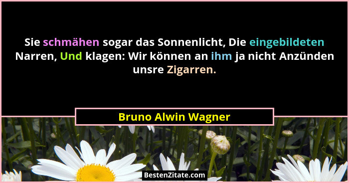 Sie schmähen sogar das Sonnenlicht, Die eingebildeten Narren, Und klagen: Wir können an ihm ja nicht Anzünden unsre Zigarren.... - Bruno Alwin Wagner