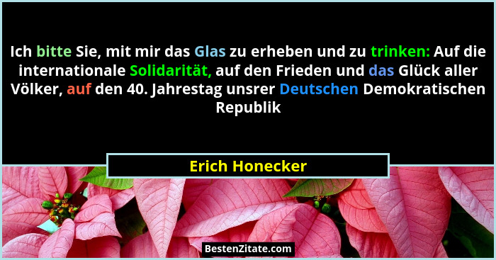 Ich bitte Sie, mit mir das Glas zu erheben und zu trinken: Auf die internationale Solidarität, auf den Frieden und das Glück aller Vö... - Erich Honecker