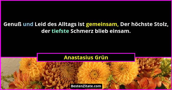 Genuß und Leid des Alltags ist gemeinsam, Der höchste Stolz, der tiefste Schmerz blieb einsam.... - Anastasius Grün