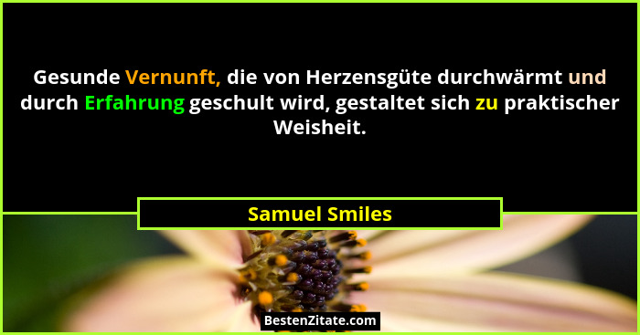 Gesunde Vernunft, die von Herzensgüte durchwärmt und durch Erfahrung geschult wird, gestaltet sich zu praktischer Weisheit.... - Samuel Smiles