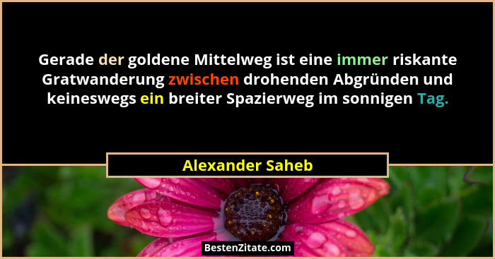 Gerade der goldene Mittelweg ist eine immer riskante Gratwanderung zwischen drohenden Abgründen und keineswegs ein breiter Spazierwe... - Alexander Saheb