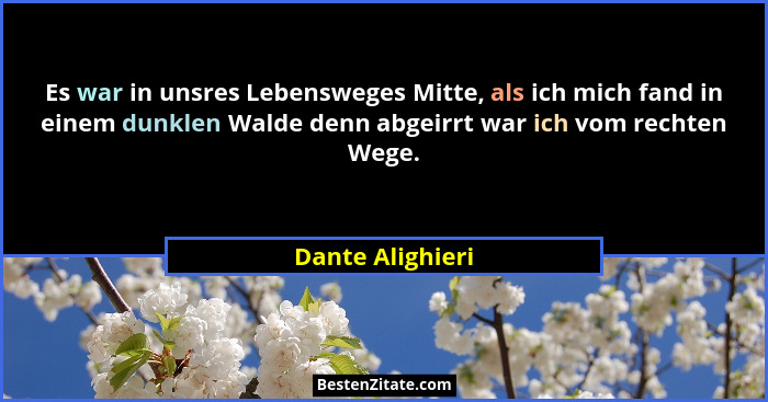 Es war in unsres Lebensweges Mitte, als ich mich fand in einem dunklen Walde denn abgeirrt war ich vom rechten Wege.... - Dante Alighieri