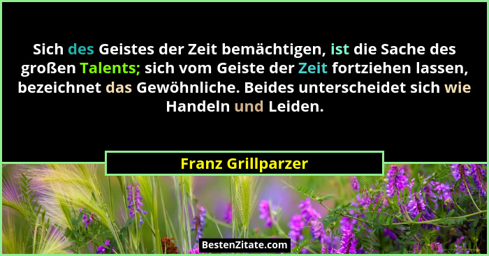 Sich des Geistes der Zeit bemächtigen, ist die Sache des großen Talents; sich vom Geiste der Zeit fortziehen lassen, bezeichnet da... - Franz Grillparzer