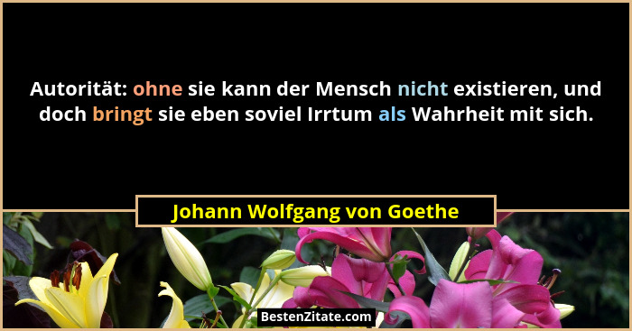 Autorität: ohne sie kann der Mensch nicht existieren, und doch bringt sie eben soviel Irrtum als Wahrheit mit sich.... - Johann Wolfgang von Goethe