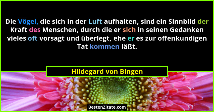 Die Vögel, die sich in der Luft aufhalten, sind ein Sinnbild der Kraft des Menschen, durch die er sich in seinen Gedanken viele... - Hildegard von Bingen